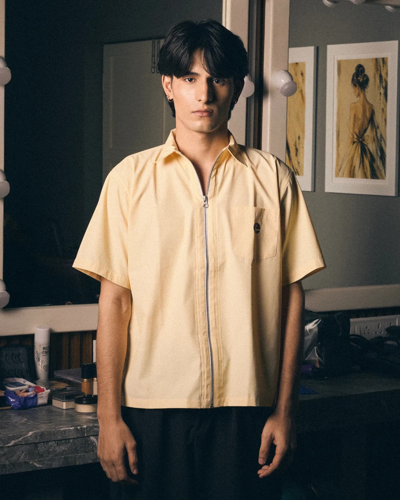 Butter Yellow Striped Full-Zip Shirt in Butter Yellow Stripe